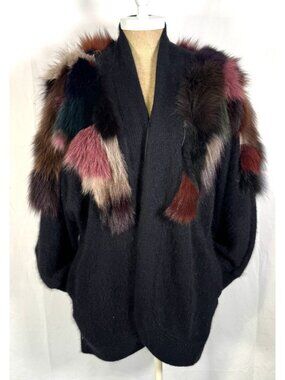 Vintage Black Luxurious Angora Fur Dyed Fox Fur Trim jacket Coat Women's Sz L
